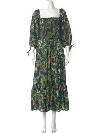 Pre-owned Cara Cara Floral Print Long Dress In Green
