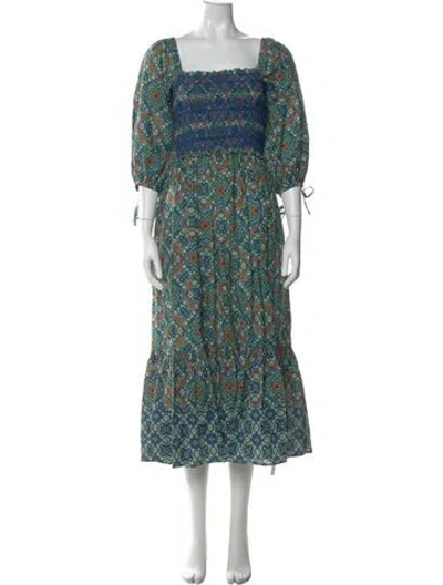 Pre-owned Cara Cara Floral Print Long Dress In Green