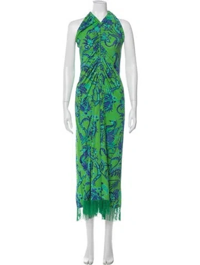 Pre-owned Cara Cara Floral Print Long Dress In Green
