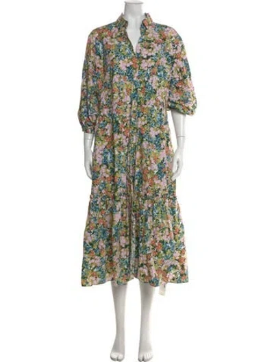 Pre-owned Cara Cara Floral Print Long Dress In Green