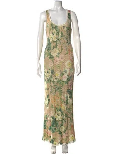 Pre-owned Cara Cara Floral Print Long Dress In Green