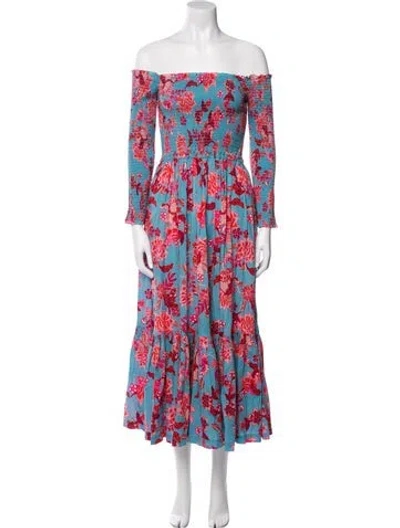 Pre-owned Cara Cara Floral Print Long Dress W/ Tags In Blue