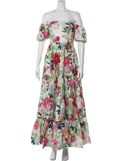 Pre-owned Cara Cara Floral Print Long Dress In White