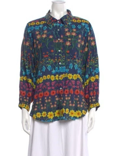 Pre-owned Cara Cara Floral Print Long Sleeve Blouse In Blue