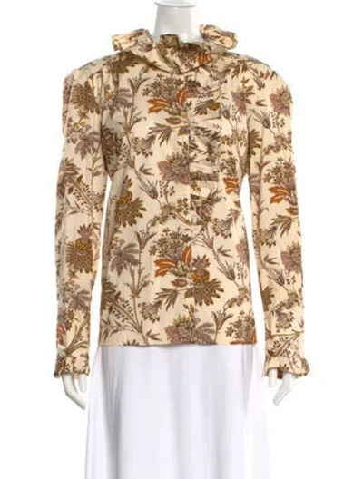 Pre-owned Cara Cara Floral Print Long Sleeve Blouse In Gold