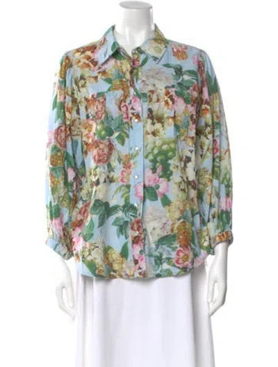 Pre-owned Cara Cara Floral Print Long Sleeve Blouse In Green