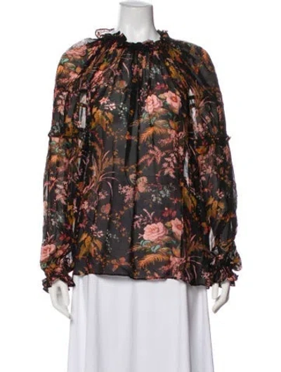 Pre-owned Cara Cara Floral Print Long Sleeve Blouse W/ Tags In Black
