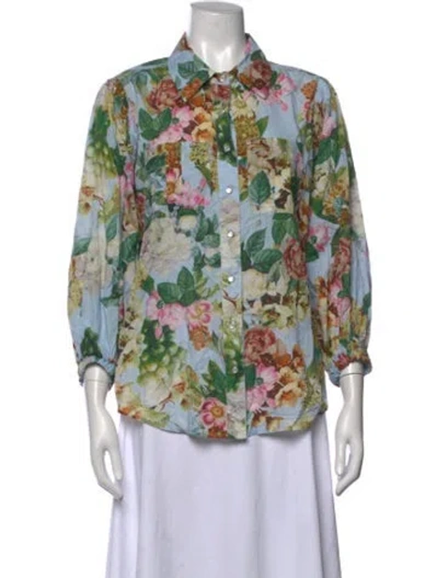 Pre-owned Cara Cara Floral Print Long Sleeve Button-up Top In Blue