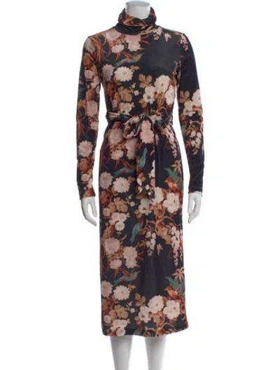 Pre-owned Cara Cara Floral Print Midi Length Dress In Black