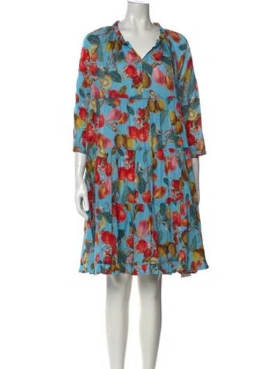 Pre-owned Cara Cara Floral Print Midi Length Dress In Blue