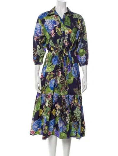 Pre-owned Cara Cara Floral Print Midi Length Dress In Blue