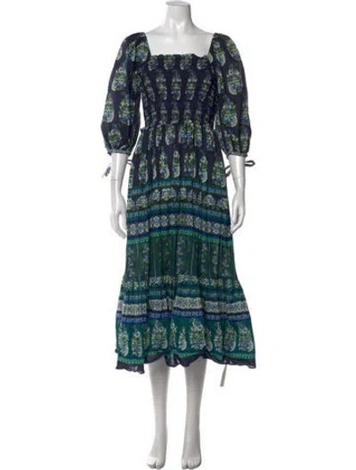 Pre-owned Cara Cara Floral Print Midi Length Dress In Blue