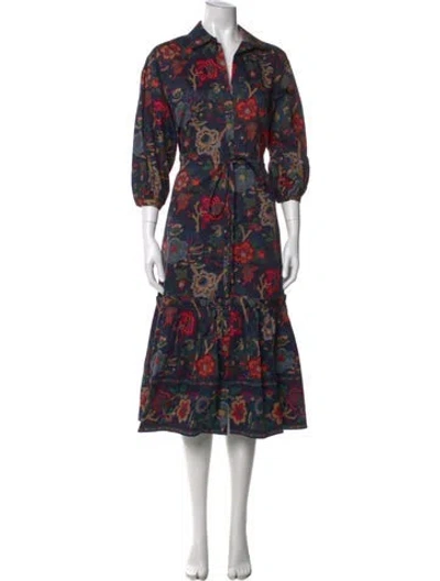 Pre-owned Cara Cara Floral Print Midi Length Dress In Blue