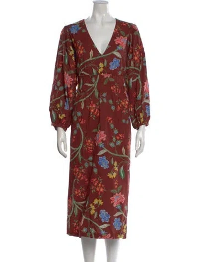 Pre-owned Cara Cara Floral Print Midi Length Dress In Brown