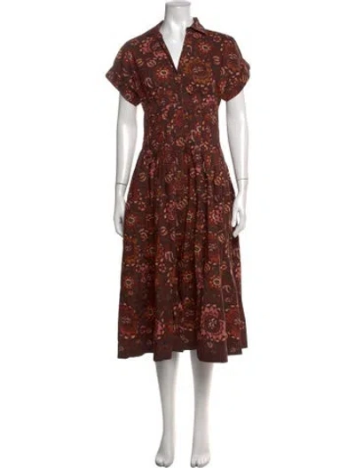 Pre-owned Cara Cara Floral Print Midi Length Dress In Brown