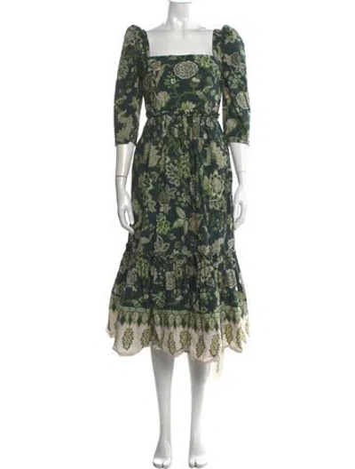 Pre-owned Cara Cara Floral Print Midi Length Dress In Green