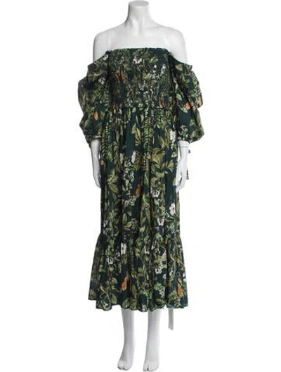 Pre-owned Cara Cara Floral Print Midi Length Dress In Green