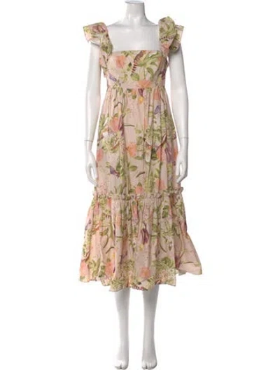 Pre-owned Cara Cara Floral Print Midi Length Dress In Green