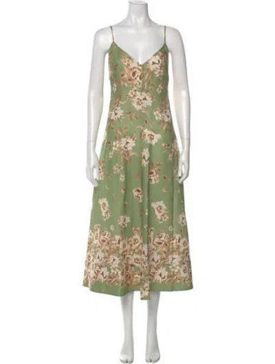 Pre-owned Cara Cara Floral Print Midi Length Dress In Green