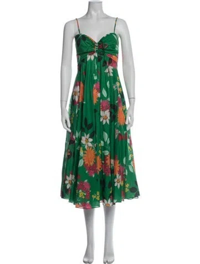 Pre-owned Cara Cara Floral Print Midi Length Dress In Green