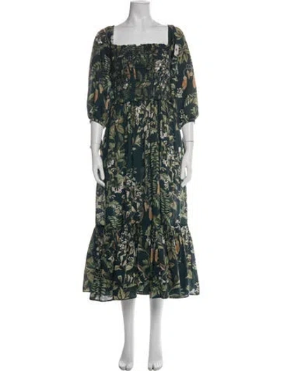 Pre-owned Cara Cara Floral Print Midi Length Dress In Green