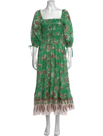 Pre-owned Cara Cara Floral Print Midi Length Dress In Green