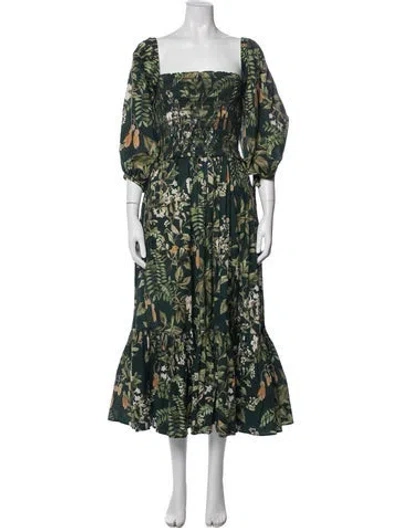 Pre-owned Cara Cara Floral Print Midi Length Dress In Green