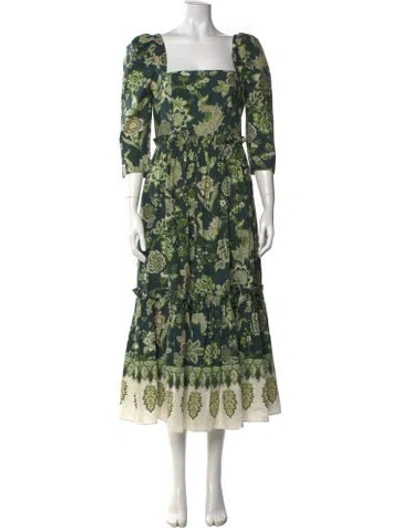 Pre-owned Cara Cara Floral Print Midi Length Dress In Green