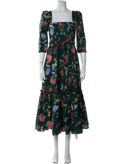 Pre-owned Cara Cara Floral Print Midi Length Dress In Green