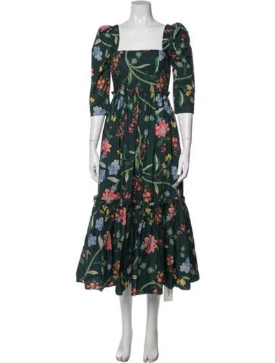 Pre-owned Cara Cara Floral Print Midi Length Dress In Green