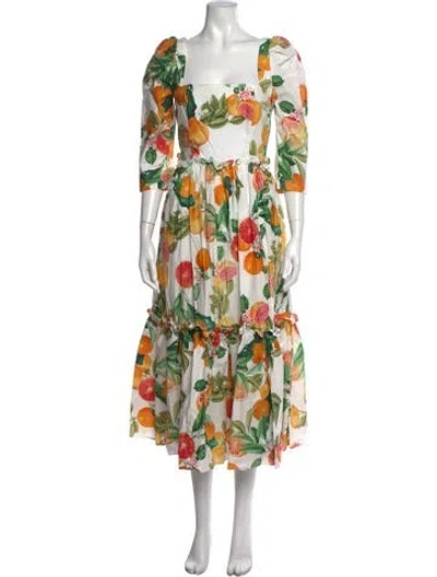 Pre-owned Cara Cara Floral Print Midi Length Dress In Green/orange/white