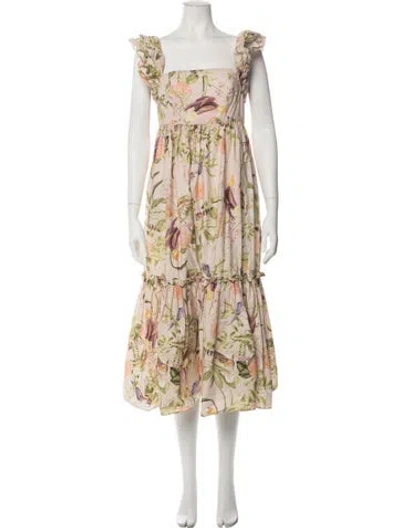 Pre-owned Cara Cara Floral Print Midi Length Dress In Green/pink