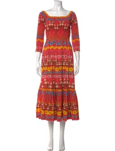 Pre-owned Cara Cara Floral Print Midi Length Dress In Red/yellow