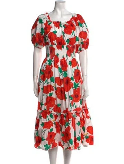 Pre-owned Cara Cara Floral Print Midi Length Dress In White