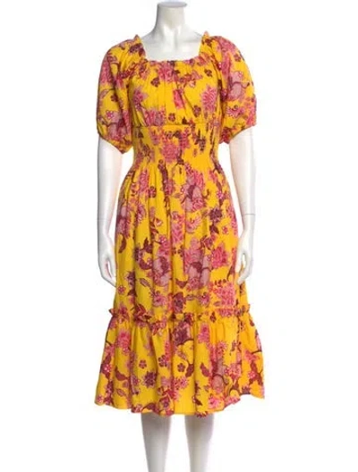Pre-owned Cara Cara Floral Print Midi Length Dress In Yellow