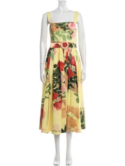 Pre-owned Cara Cara Floral Print Midi Length Dress In Yellow