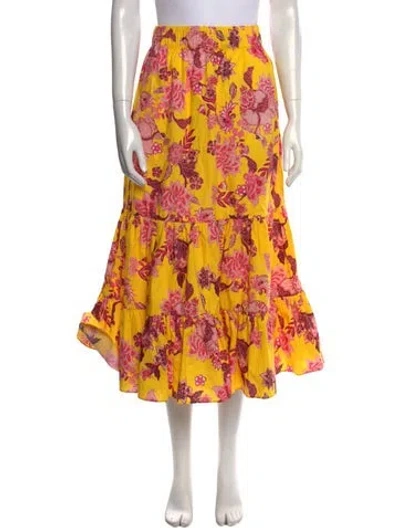 Pre-owned Cara Cara Floral Print Midi Length Skirt In Yellow
