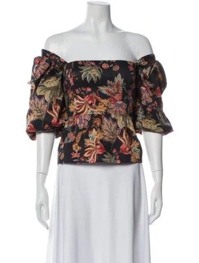 Pre-owned Cara Cara Floral Print Off-the-shoulder Blouse In Black