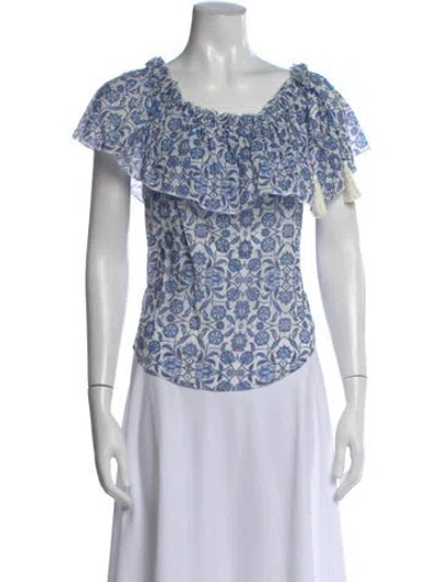 Pre-owned Cara Cara Floral Print Off-the-shoulder Blouse In Blue