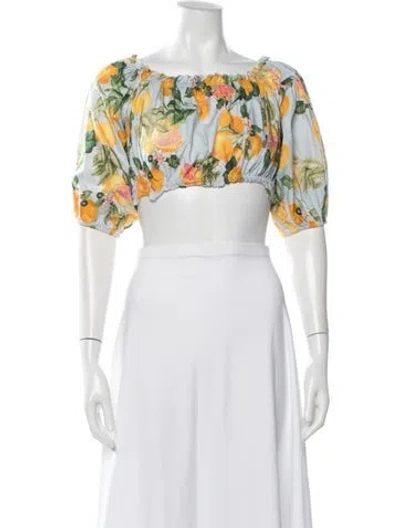 Pre-owned Cara Cara Floral Print Off-the-shoulder Crop Top In Blue/yellow
