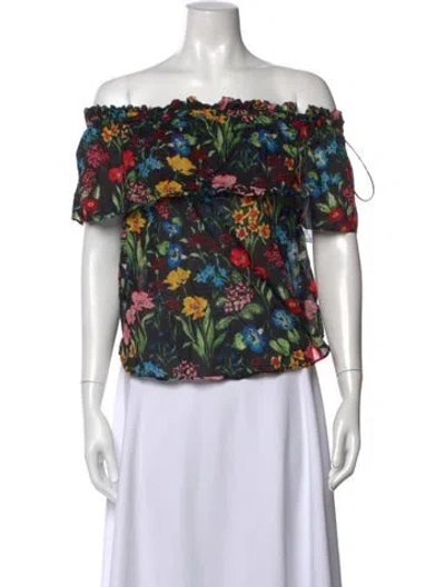 Pre-owned Cara Cara Floral Print Off-the-shoulder Top In Black