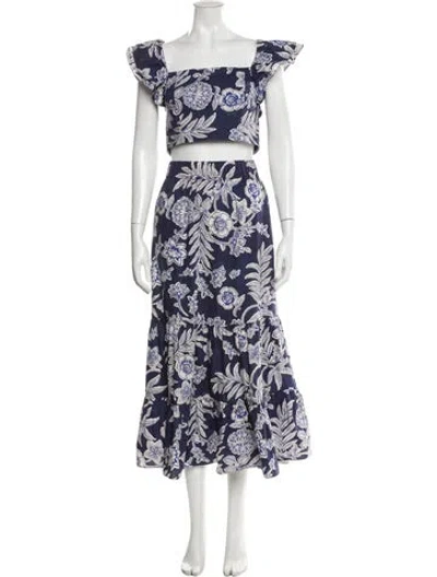 Pre-owned Cara Cara Floral Print Ruffle Embellishment Skirt Set W/ Tags In Blue