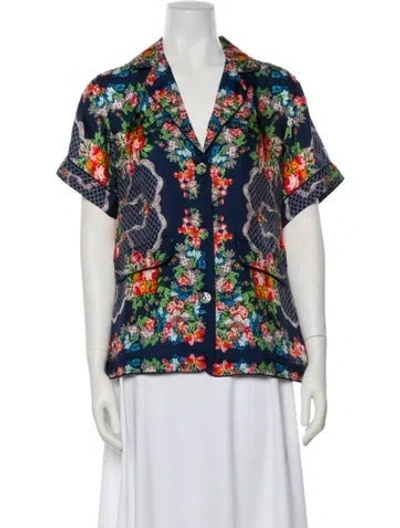 Pre-owned Cara Cara Floral Print Short Sleeve Blouse In Blue