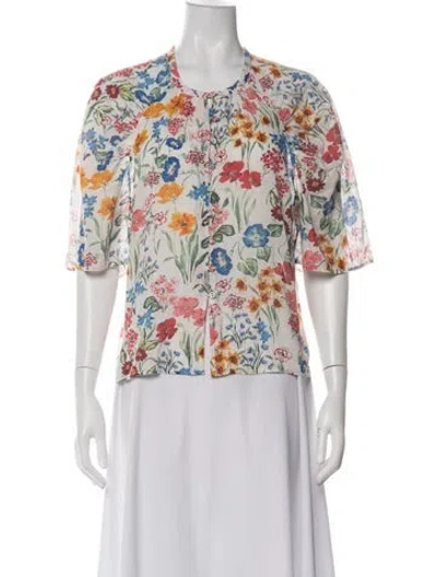 Pre-owned Cara Cara Floral Print Short Sleeve Blouse In Blue