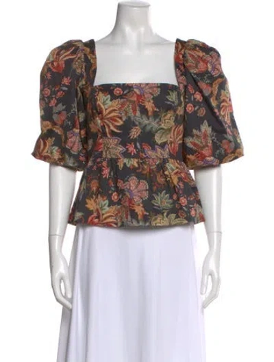 Pre-owned Cara Cara Floral Print Square Neckline Blouse In Black