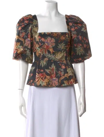 Pre-owned Cara Cara Floral Print Square Neckline Blouse In Black