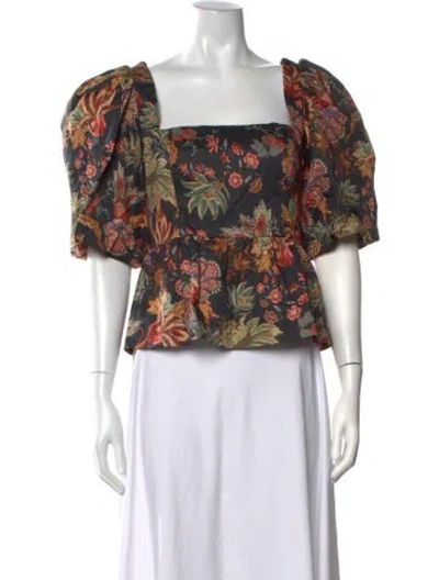 Pre-owned Cara Cara Floral Print Square Neckline Blouse In Black