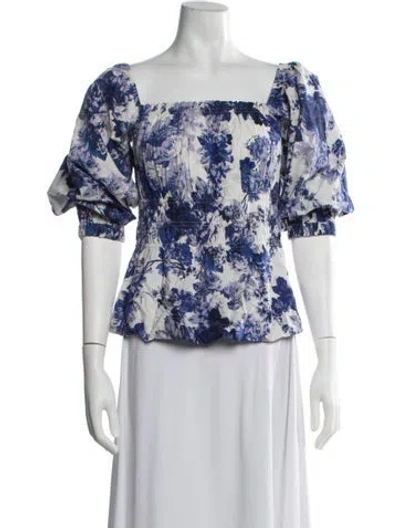Pre-owned Cara Cara Floral Print Square Neckline Blouse In Blue/white