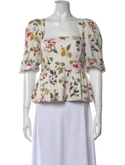 Pre-owned Cara Cara Floral Print Square Neckline Blouse In White