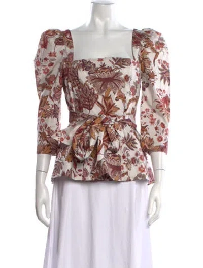 Pre-owned Cara Cara Floral Print Square Neckline Blouse In White